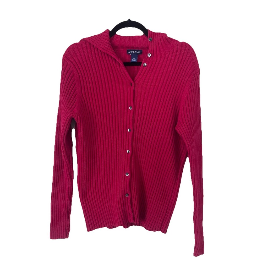 Vintage 90s Ann Taylor 100% Cotton Knit Cardigan Sweater Red Americana Size XL
